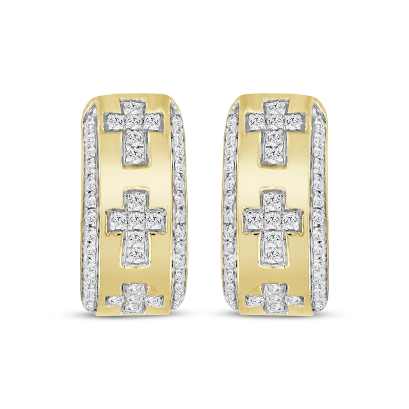 Main Image 2 of Men's Diamond Cross Huggie Hoop Earrings 1/3 ct tw 10K Yellow Gold