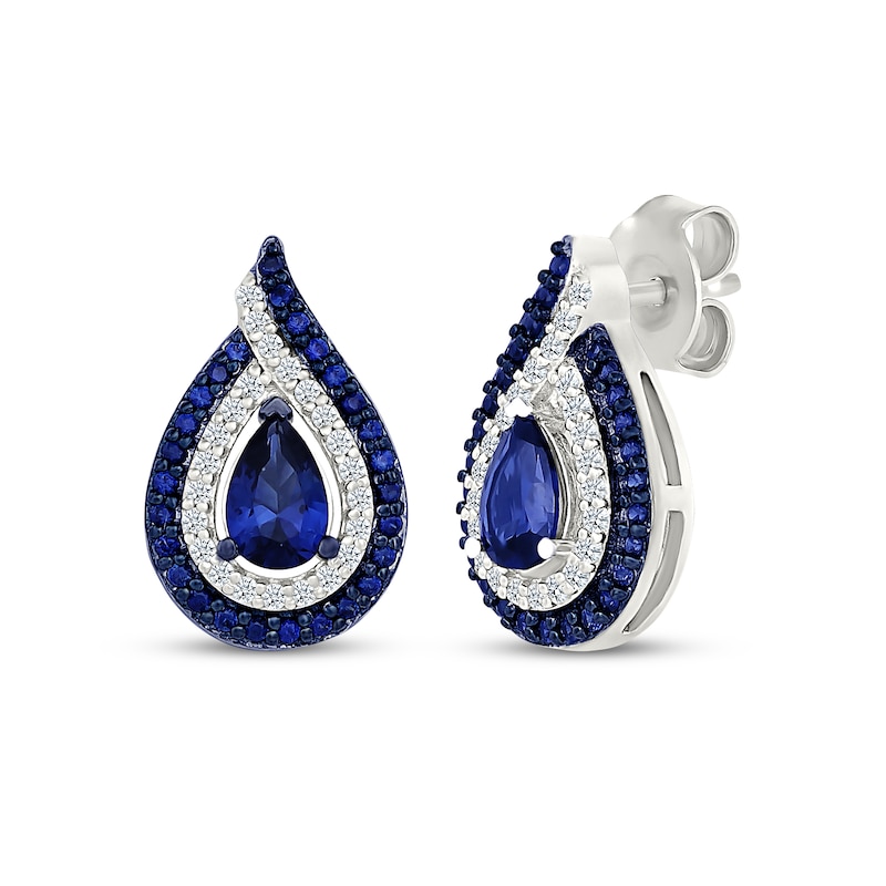 Main Image 1 of Pear-Shaped Blue and White Lab-Created Sapphire Flame Earrings Sterling Silver