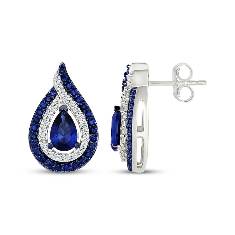 Main Image 3 of Pear-Shaped Blue and White Lab-Created Sapphire Flame Earrings Sterling Silver