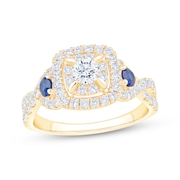 Now + Forever Round-Cut Diamond & Natural Blue Sapphire Engagement Ring 1 ct tw 14K Yellow Gold