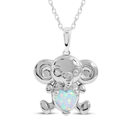 Heart-Shaped Lab-Created Opal & White Lab-Created Sapphire Elephant Necklace Sterling Silver 18&quot;