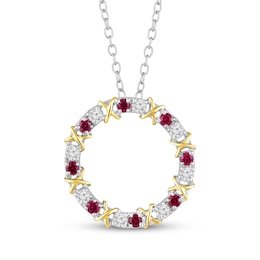 Lab-Created Ruby & White Lab-Created Sapphire Circle Necklace Sterling Silver & 10K Yellow Gold 18&quot;