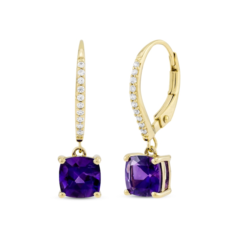 Main Image 1 of Cushion-Cut Amethyst & Diamond Drop Earrings 1/10 ct tw 10K Yellow Gold