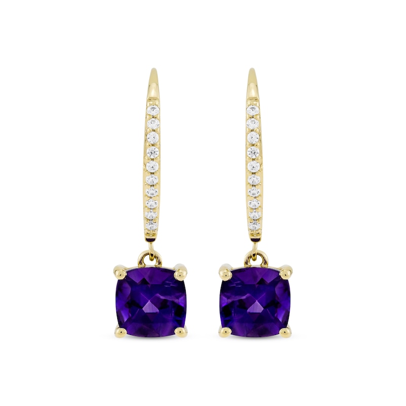 Main Image 2 of Cushion-Cut Amethyst & Diamond Drop Earrings 1/10 ct tw 10K Yellow Gold