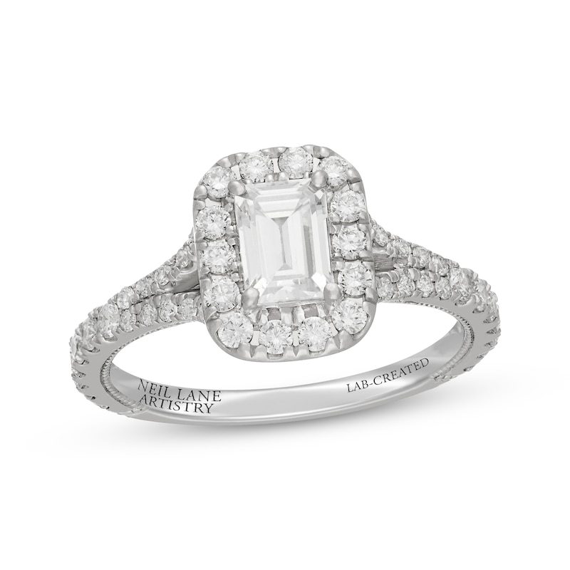 Main Image 1 of Neil Lane Artistry Emerald-Cut Lab-Grown Diamond Halo Engagement Ring 1-1/2 ct tw 14K White Gold