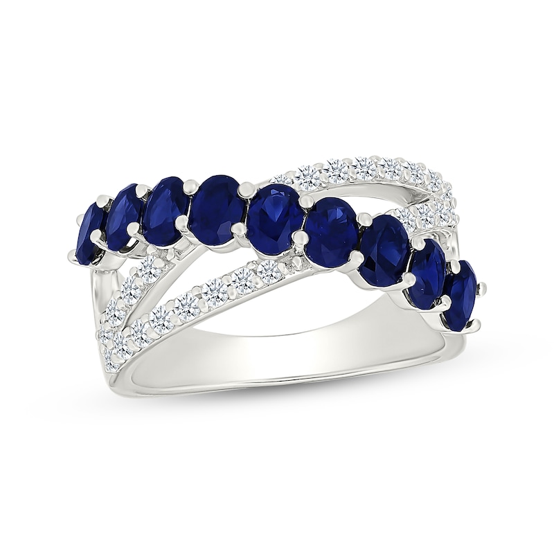 Main Image 1 of Oval-Cut Blue & White Lab-Created Sapphire Double Crossover Ring Sterling Silver