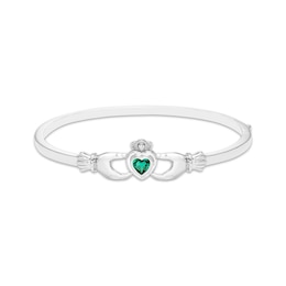 Heart-Shaped Lab-Created Emerald & White Lab-Created Sapphire Claddagh Bangle Bracelet Sterling Silver 7&quot;