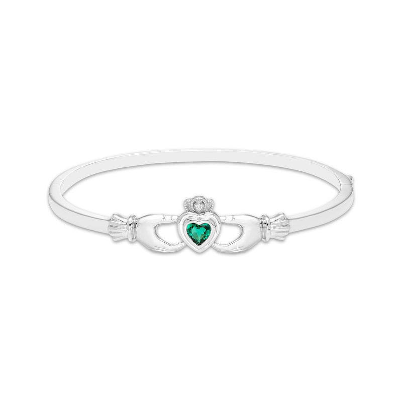 Main Image 1 of Heart-Shaped Lab-Created Emerald & White Lab-Created Sapphire Claddagh Bangle Bracelet Sterling Silver 7&quot;