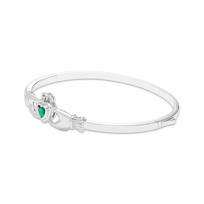 Main Image 2 of Heart-Shaped Lab-Created Emerald & White Lab-Created Sapphire Claddagh Bangle Bracelet Sterling Silver 7&quot;