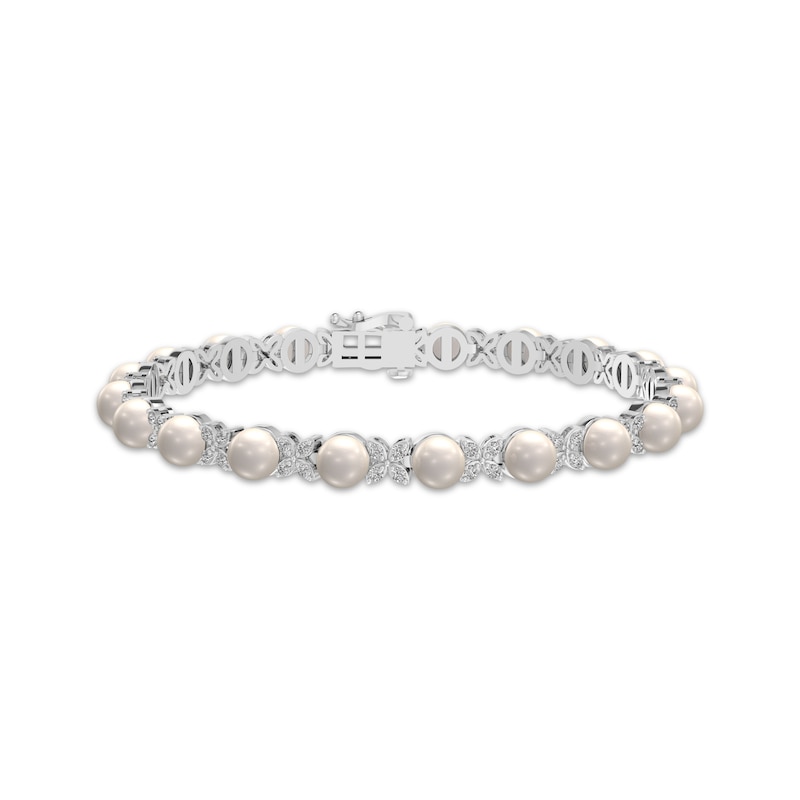 Main Image 1 of Cultured Pearl & White Lab-Created Sapphire Flower Bracelet Sterling Silver 7.25&quot;