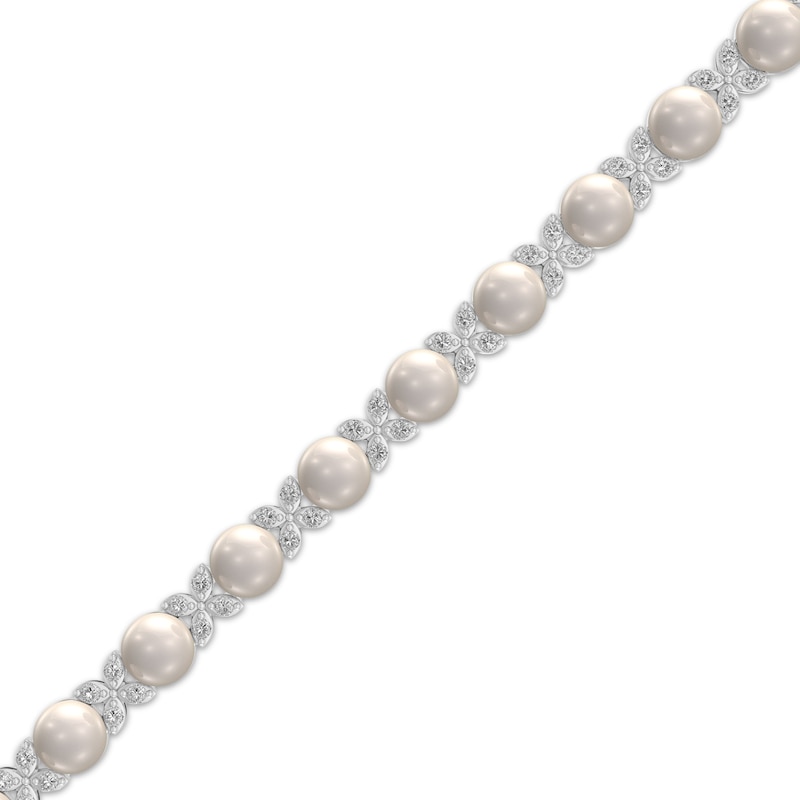 Main Image 2 of Cultured Pearl & White Lab-Created Sapphire Flower Bracelet Sterling Silver 7.25&quot;