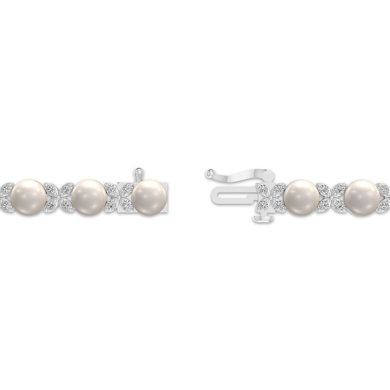 Main Image 3 of Cultured Pearl & White Lab-Created Sapphire Flower Bracelet Sterling Silver 7.25&quot;