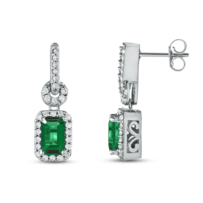 Main Image 3 of Emerald Dangle Earrings 1/6 ct tw Diamonds 10K White Gold