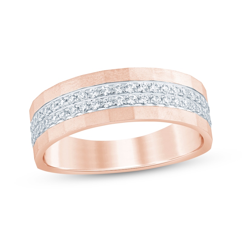 Main Image 1 of Men's Diamond Two-Row Sandblasted Wedding Band 1/2 ct tw 10K Rose Gold