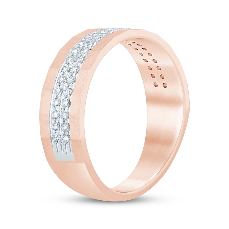 Main Image 2 of Men's Diamond Two-Row Sandblasted Wedding Band 1/2 ct tw 10K Rose Gold