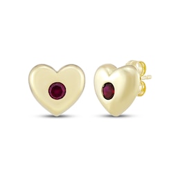 Lab-Created Ruby Bezel-Set Heart Stud Earrings 10K Yellow Gold