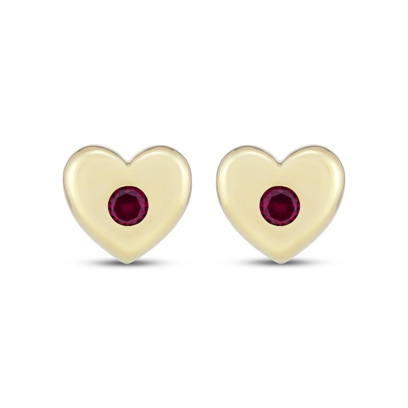 Main Image 2 of Lab-Created Ruby Bezel-Set Heart Stud Earrings 10K Yellow Gold