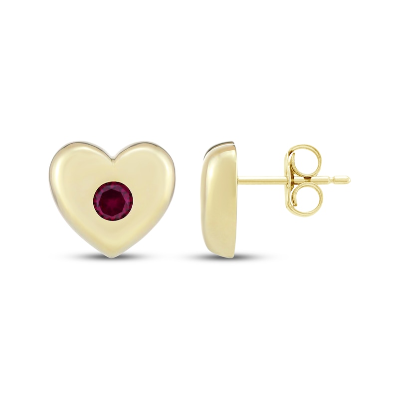 Main Image 3 of Lab-Created Ruby Bezel-Set Heart Stud Earrings 10K Yellow Gold