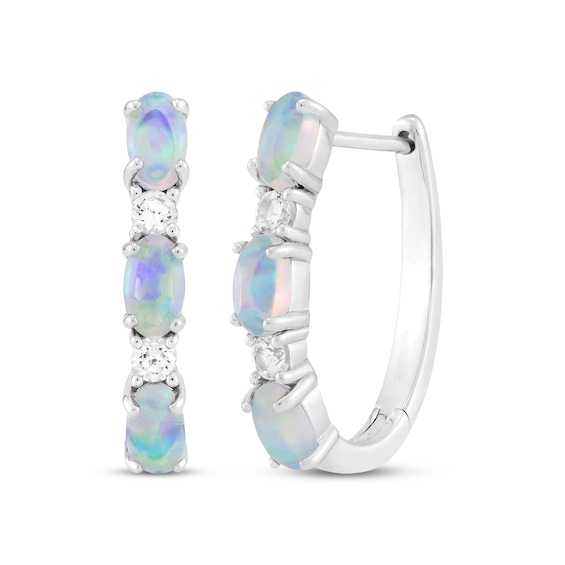 Oval-Cut Lab-Created Opal & White Lab-Created Sapphire Hoop Earrings Sterling Silver