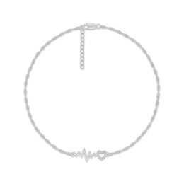 Diamond Accent Heartbeat & Heart Anklet Sterling Silver 10&quot;