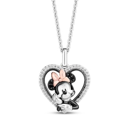 Disney's Minnie Mouse Black & White Diamond Heart Necklace 1/8 ct tw Sterling Silver & 10K Rose Gold 19&quot;