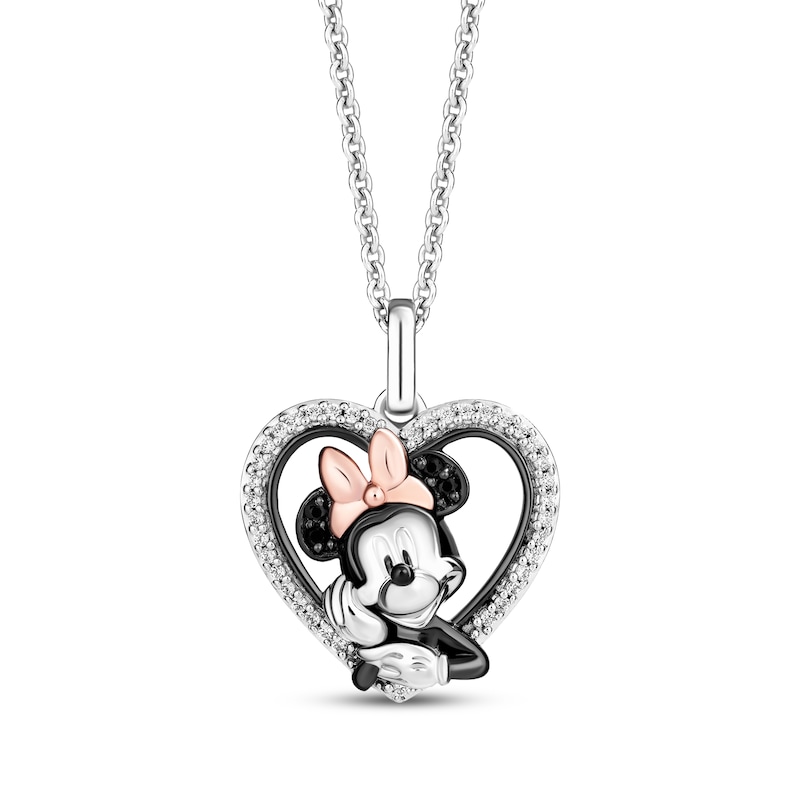 Main Image 1 of Disney's Minnie Mouse Black & White Diamond Heart Necklace 1/8 ct tw Sterling Silver & 10K Rose Gold 19&quot;