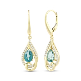 Pear-Shaped Oceanic Blue Topaz & Diamond Dangle Earrings 1/5 ct tw 10K Yellow Gold