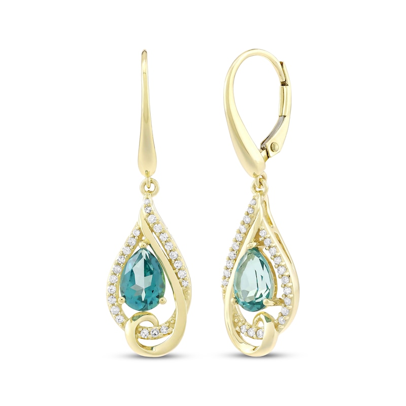 Main Image 1 of Pear-Shaped Oceanic Blue Topaz & Diamond Dangle Earrings 1/5 ct tw 10K Yellow Gold