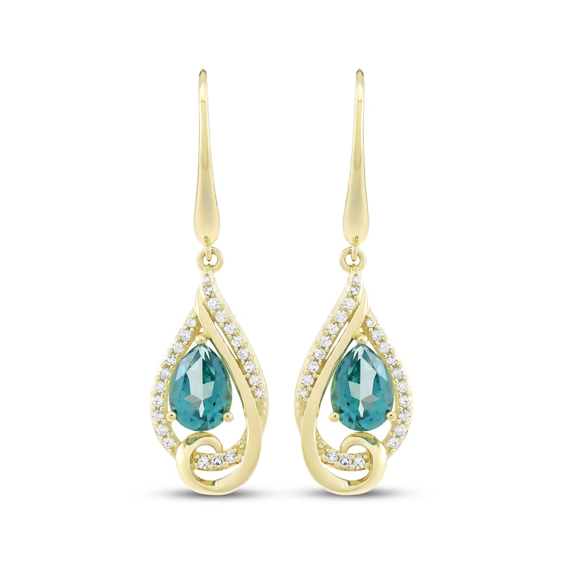 Main Image 2 of Pear-Shaped Oceanic Blue Topaz & Diamond Dangle Earrings 1/5 ct tw 10K Yellow Gold