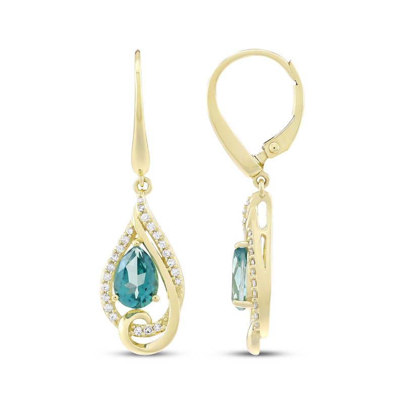 Main Image 3 of Pear-Shaped Oceanic Blue Topaz & Diamond Dangle Earrings 1/5 ct tw 10K Yellow Gold