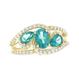 Oval-Cut & Pear-Shaped Oceanic Blue Topaz & Diamond Bypass Ring 1/3 ct tw 10K Yellow Gold