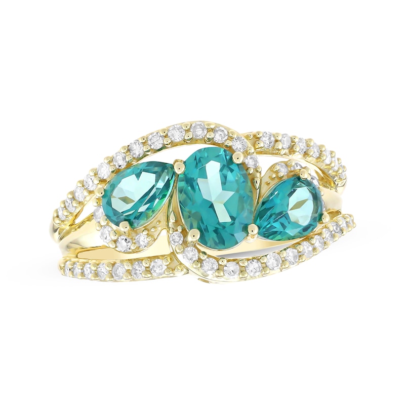 Main Image 1 of Oval-Cut & Pear-Shaped Oceanic Blue Topaz & Diamond Bypass Ring 1/3 ct tw 10K Yellow Gold