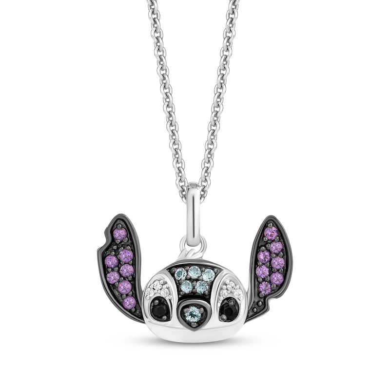 Main Image 1 of Disney Treasures Lilo & Stitch Swiss Blue Topaz, Amethyst, Black Onyx & Diamond Accent Necklace Sterling Silver 19&quot;