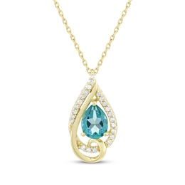 Pear-Shaped Oceanic Blue Topaz & Diamond Teardrop Necklace 1/6 ct tw 10K Yellow Gold 18&quot;