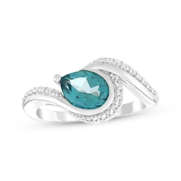 Pear-Shaped Oceanic Blue Topaz & White Lab-Created Sapphire Bypass Ring Sterling Silver