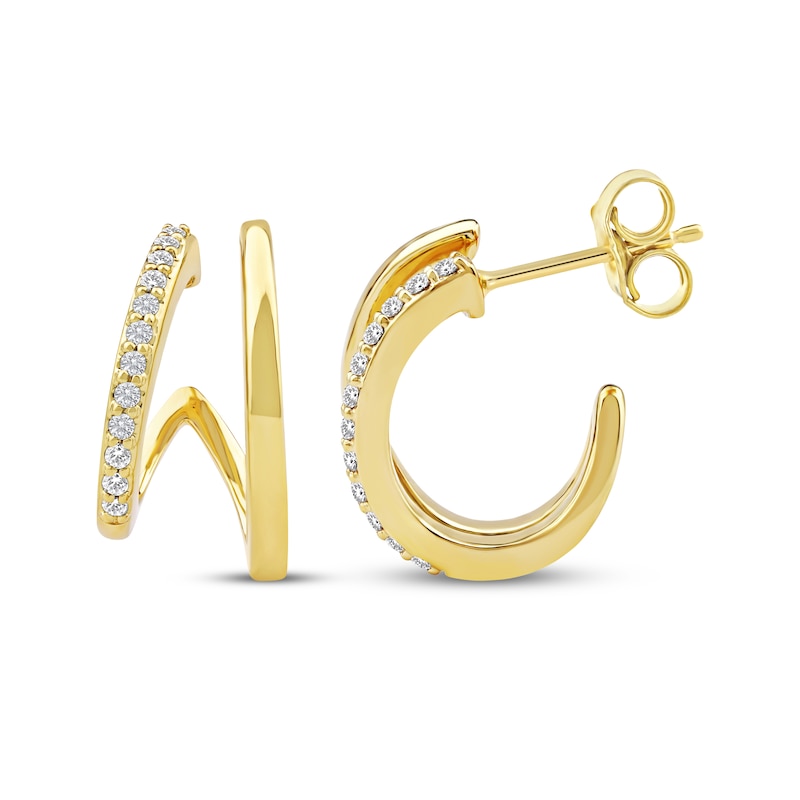 Main Image 3 of Diamond Two-Row Split J-Hoop Huggie Earrings 1/6 ct tw 10K Yellow Gold