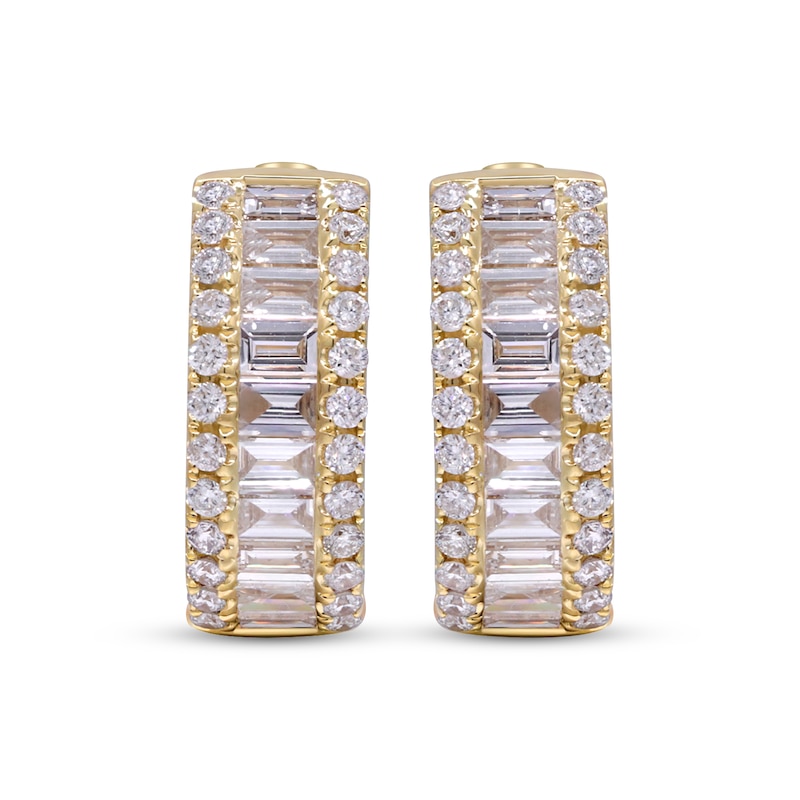 Main Image 2 of Baguette & Round-Cut Diamond Huggie Hoop Earrings 1 ct tw 14K Yellow Gold