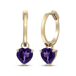 Heart-Shaped Amethyst Drop Hoop Earrings 10K Yellow Gold