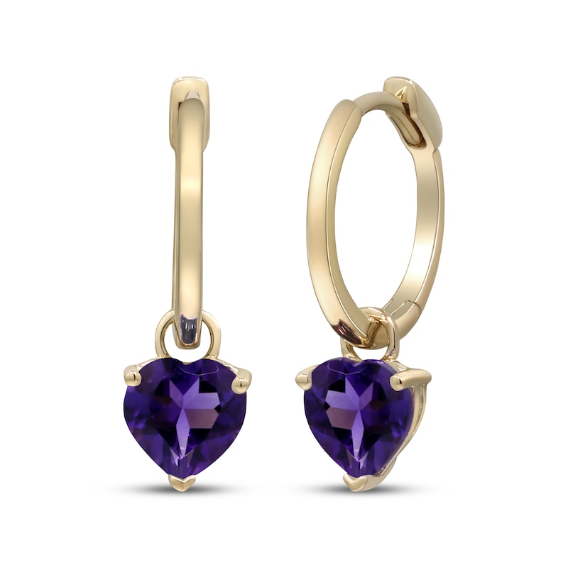 Main Image 1 of Heart-Shaped Amethyst Drop Hoop Earrings 10K Yellow Gold