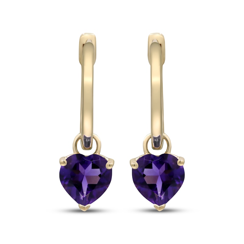 Main Image 2 of Heart-Shaped Amethyst Drop Hoop Earrings 10K Yellow Gold