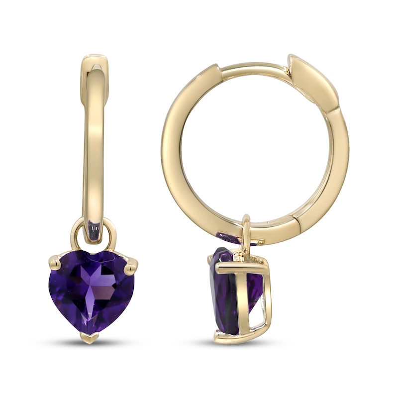 Main Image 3 of Heart-Shaped Amethyst Drop Hoop Earrings 10K Yellow Gold