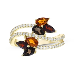 Pear-Shaped Smoky Quartz, Garnet & Madeira Citrine Bypass Ring 1/4 ct tw 10K Yellow Gold