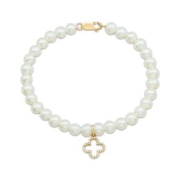 Cultured Pearl & Diamond Accent Clover Charm Bracelet 14K Yellow Gold 7&quot;