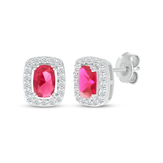 Cushion-Cut Lab-Created Ruby & White Sapphire Stud Earrings Sterling Silver