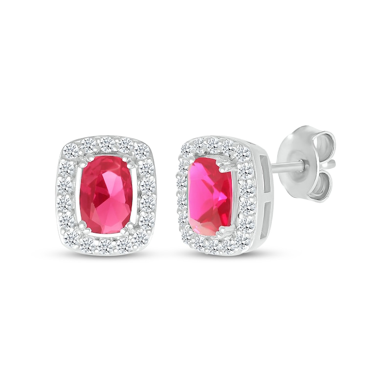 Main Image 1 of Cushion-Cut Lab-Created Ruby & White Lab-Created Sapphire Stud Earrings Sterling Silver