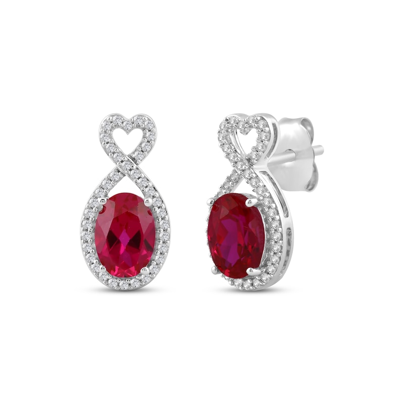 Main Image 1 of Oval-Cut Lab-Created Ruby & White Lab-Created Sapphire Twisted Heart Drop Earrings Sterling Silver