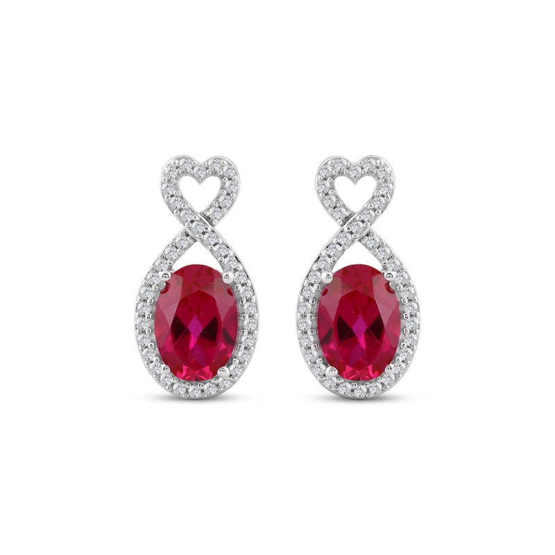 Main Image 2 of Oval-Cut Lab-Created Ruby & White Lab-Created Sapphire Twisted Heart Drop Earrings Sterling Silver