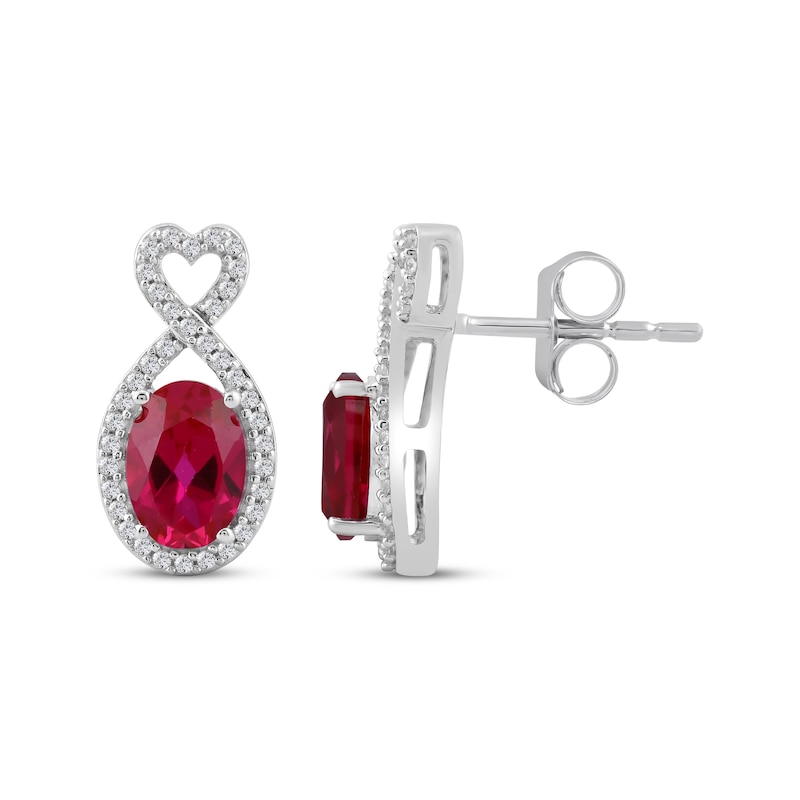 Main Image 3 of Oval-Cut Lab-Created Ruby & White Lab-Created Sapphire Twisted Heart Drop Earrings Sterling Silver