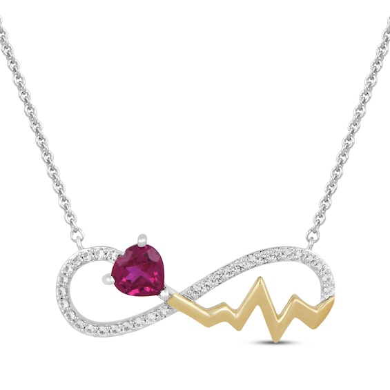 Heart-Shaped Lab-Created Ruby & White Lab-Created Sapphire Heartbeat Necklace Sterling Silver & 10K Yellow Gold 18"