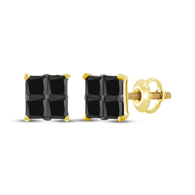 Main Image 1 of Men's Square-Cut Black Diamond Quad Stud Earrings 2 ct tw 10K Yellow Gold